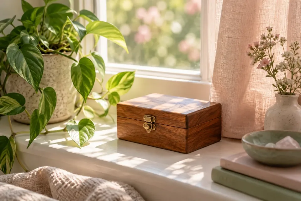 A small wooden keepsake box with a brass latch sitting on a sunny windowsill beside a trailing plant