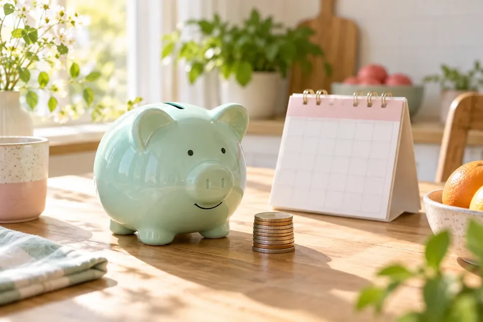 A ceramic piggy bank beside a small stack of coins and a paper calendar on a sunny kitchen table