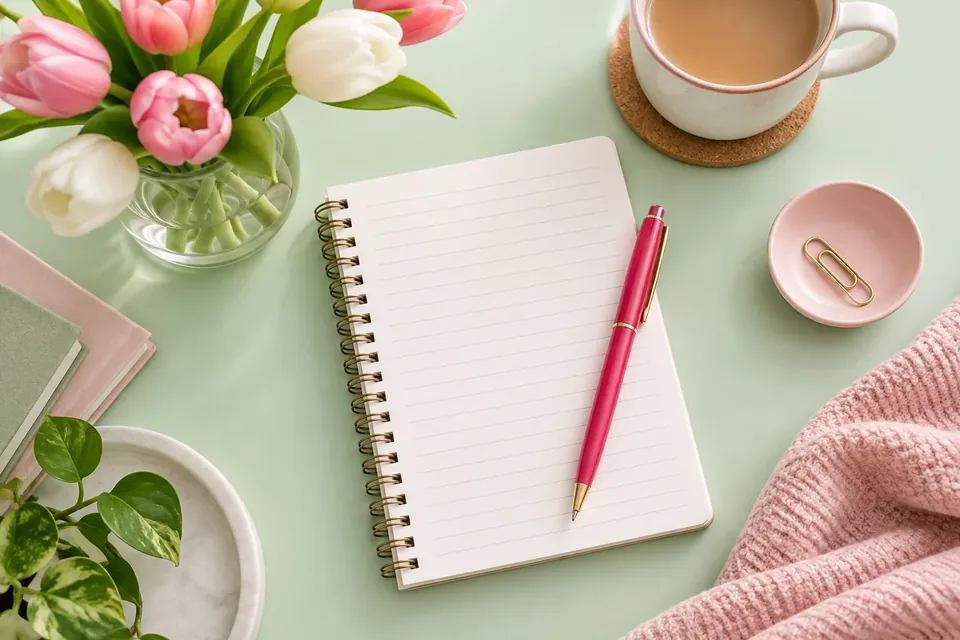 A bright pink pen resting on a blank lined notepad beside a small vase of tulips on a pale desk
