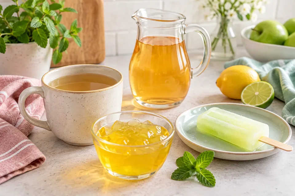 A kitchen counter with a glass of clear broth, a bowl of yellow gelatin and a jug of clear apple juice in soft daylight.