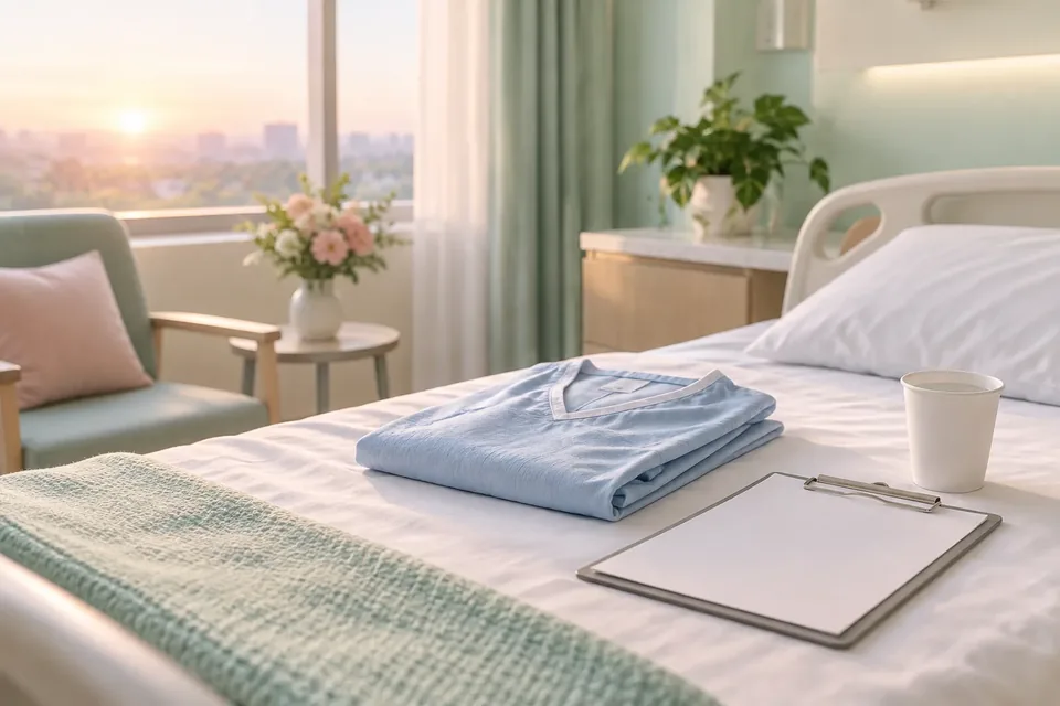 A calm pre-operative bay with a folded hospital gown, a clipboard and soft morning light through a window.