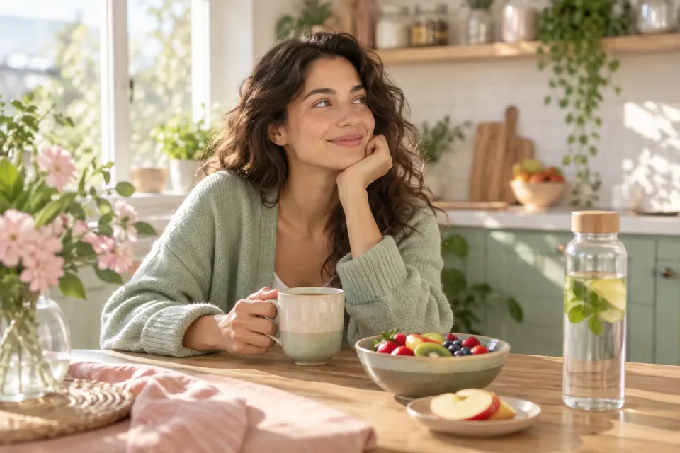 A woman in a cozy sweater holds a mug while sitting at a kitchen table with fruit.