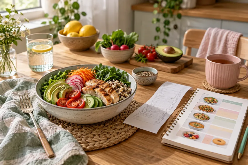 A bowl of salad with grilled chicken, avocado, tomatoes, cucumber, and radishes on a wooden table.