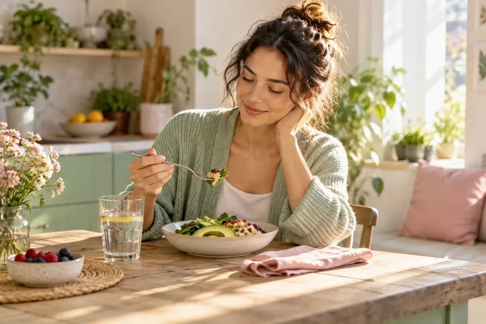 A woman in a cozy sweater enjoys a healthy meal at a sunlit wooden kitchen table.
