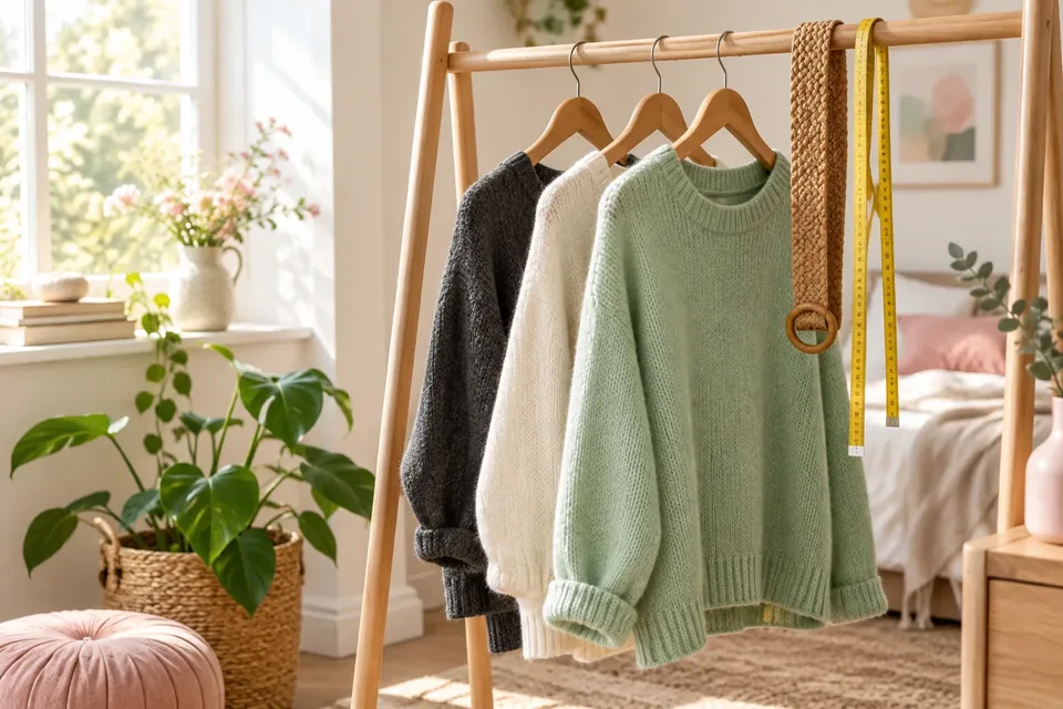A tidy wooden clothing rail with a few soft knit sweaters, a belt and a tailor's tape measure draped over a hanger