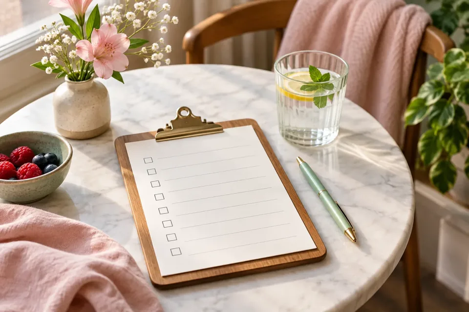 A clipboard with a blank checklist and a pen on a cafe table beside a glass of water