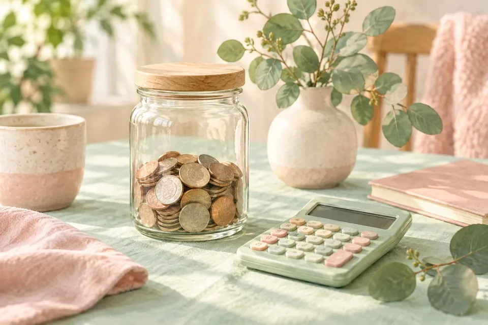 A glass jar of coins and a small calculator on a pastel table with a sprig of eucalyptus.