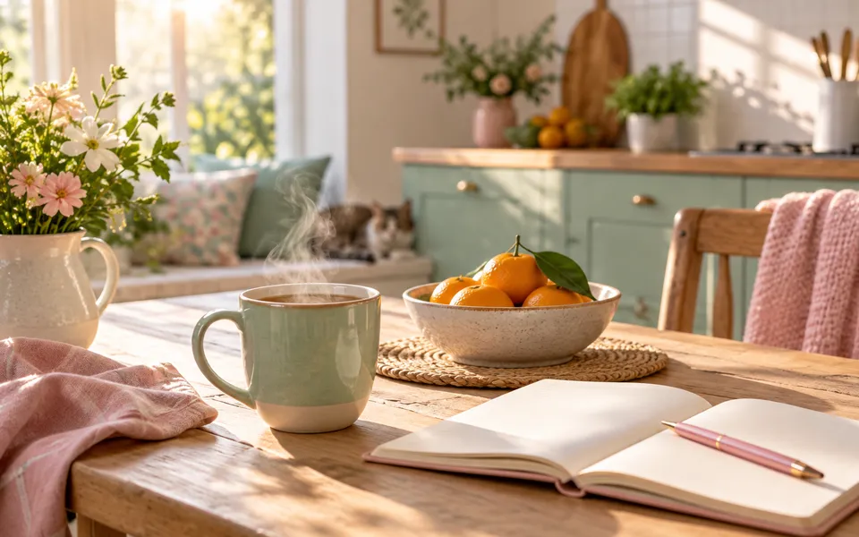 A calm kitchen table with tea and a notebook, representing questions about metabolism.