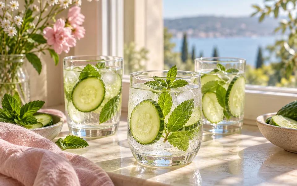 Glasses of water with cucumber and mint, representing hydration.
