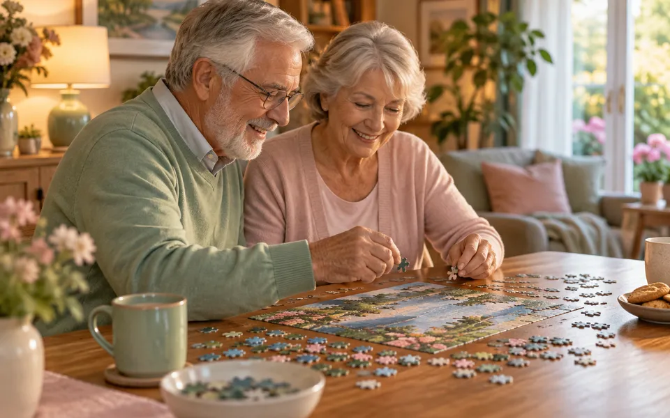 An older couple doing a puzzle together, representing research on brain health.