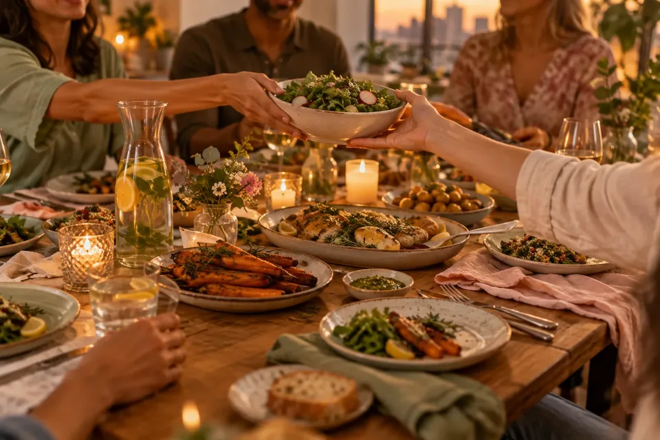 A candlelit home dinner table with small shared dishes, linen napkins and friends passing a bowl