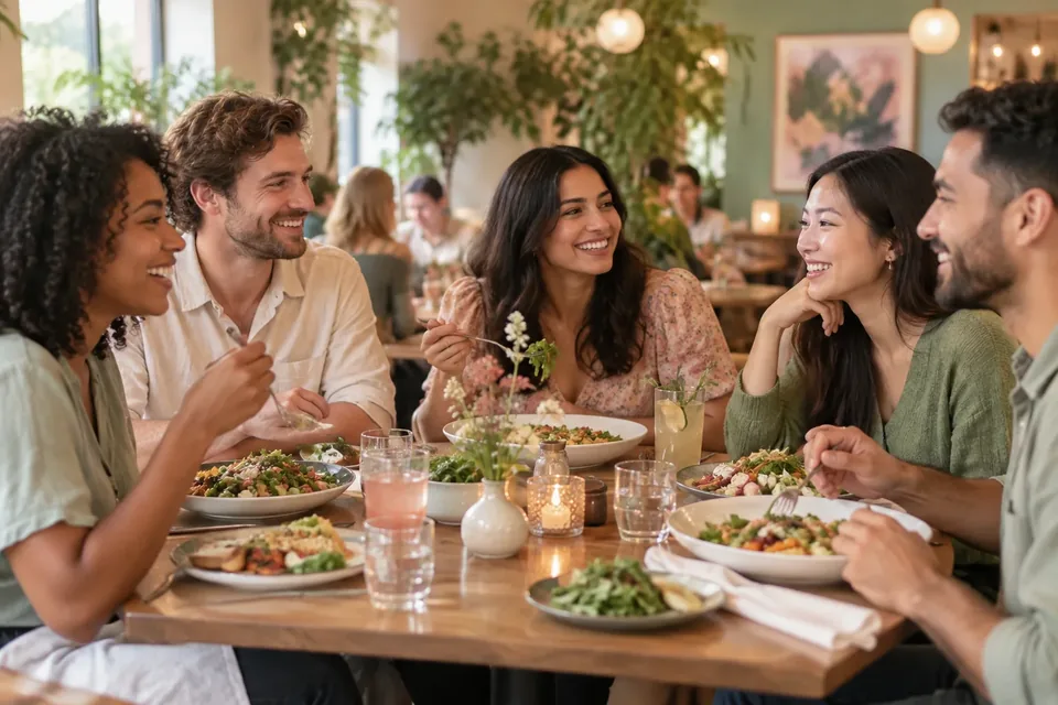 Five friends smiling and enjoying a meal together at a restaurant table.