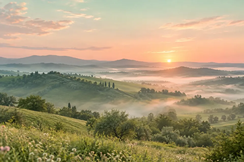 Gentle rolling hills at dawn with soft mist settling in the valleys