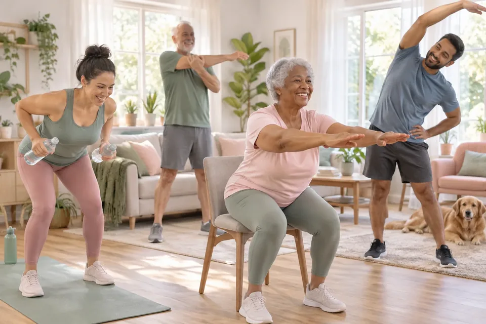 Four people, including an older woman seated, exercising together in a bright living room.