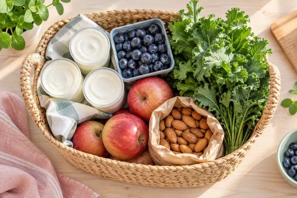 A grocery shopping basket holding yogurt cups, fresh berries, apples and a small bag of nuts on a light wooden counter