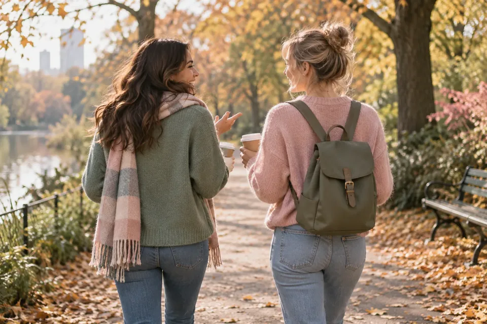 Two friends walking side by side on a leafy park path, holding coffee cups and laughing