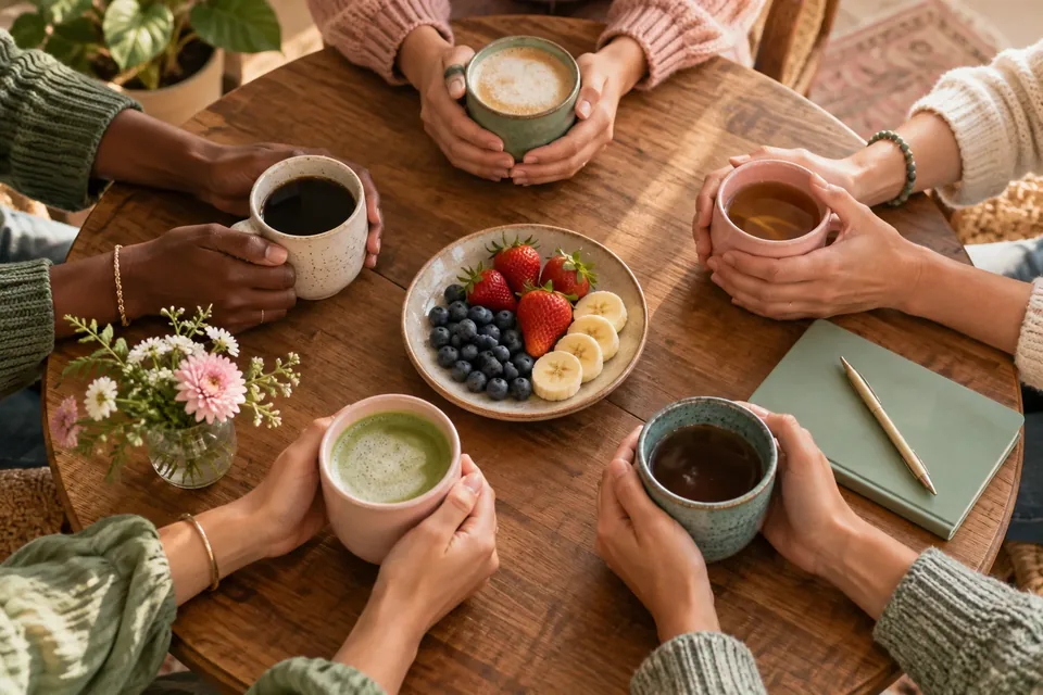 Several hands holding mugs around a round wooden café table, seen from above, in a friendly circle
