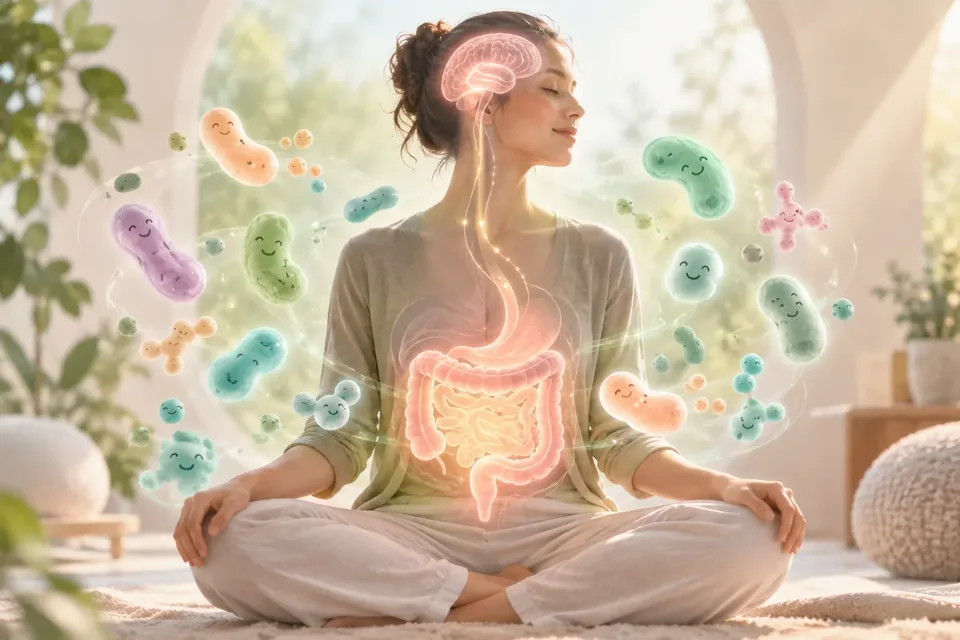 A woman sits cross-legged with glowing digestive and brain illustrations and floating smiling microbes around her.