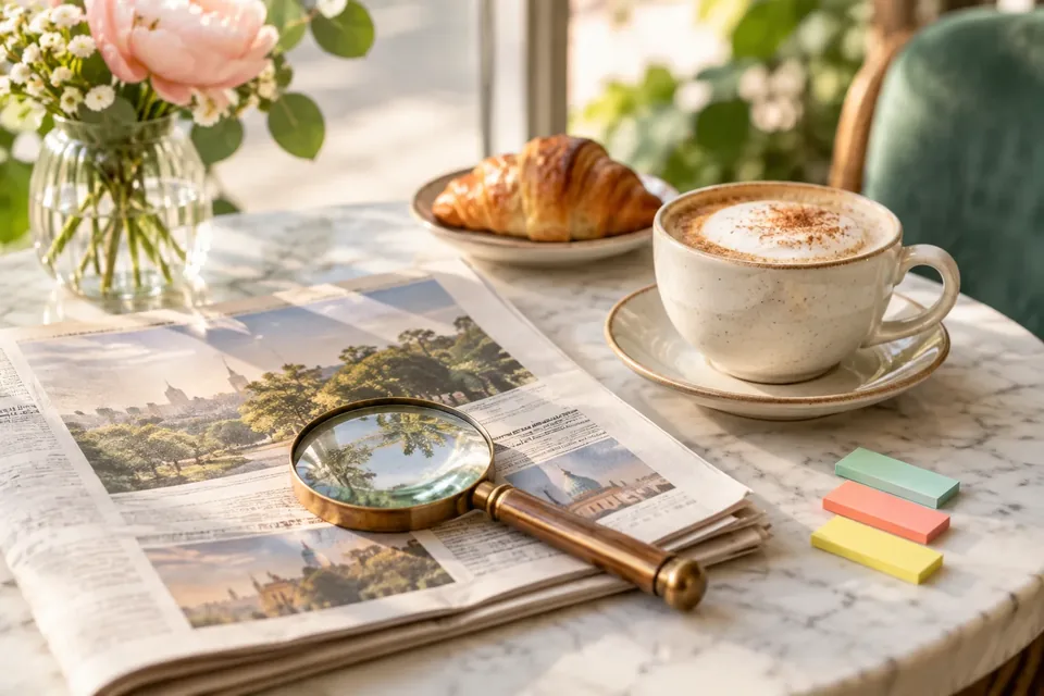 A folded newspaper on a café table beside a magnifying glass, a cup of coffee and three colored sticky flags