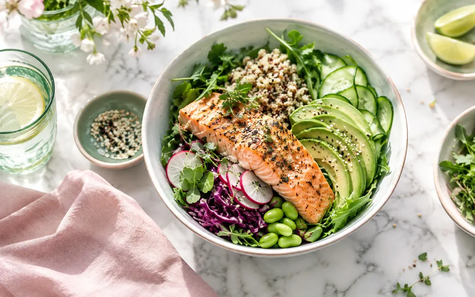 A colorful salmon salad, representing metabolic health.