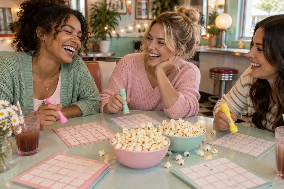 Friends laughing around a table covered with colorful bingo dabbers and blank game cards