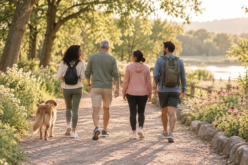A person in sneakers stepping along a sunny park path with a small group walking ahead