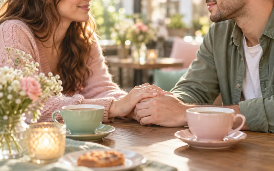 A couple holding hands at a cafe table, representing conversations about fertility.