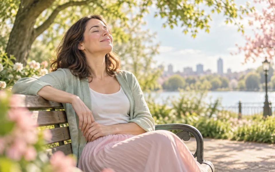 A woman resting peacefully on a park bench, representing mental health.