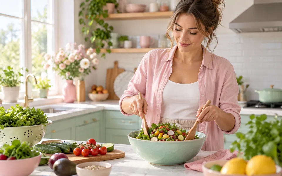 A woman preparing a salad, representing PCOS and everyday health.