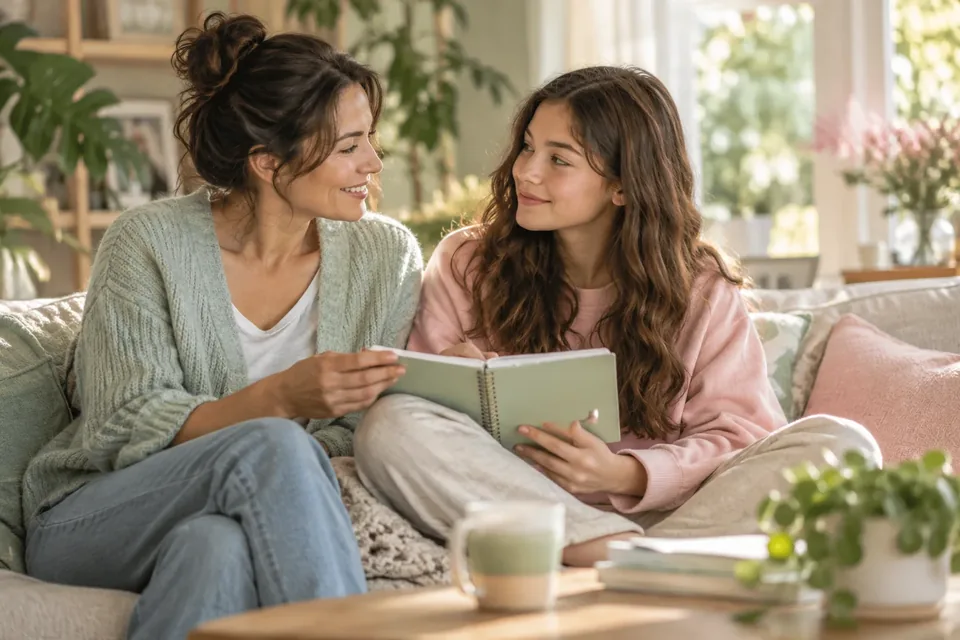 A parent and a teenager sitting side by side on a couch, looking over a notebook together and talking.