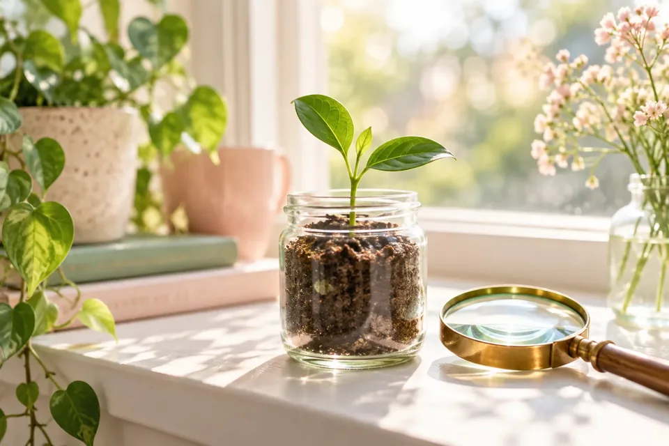 A single small seedling in a glass jar on a sunny windowsill beside a magnifying glass.