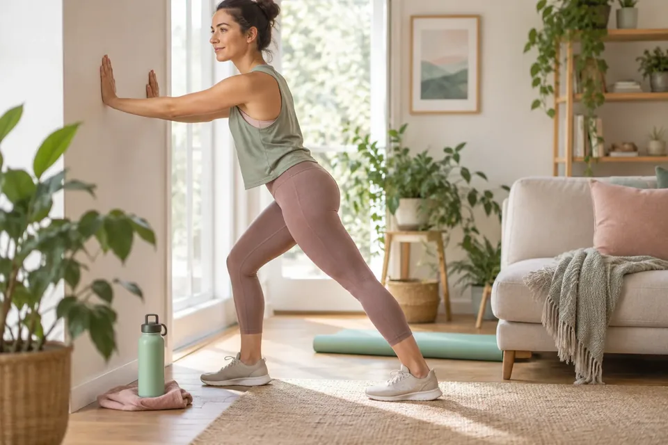 A woman in athletic wear stretches her calves while leaning against a wall in a cozy living room.