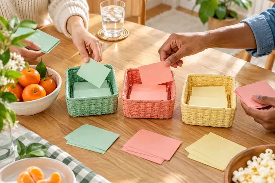 Two hands sorting colorful paper cards into three small baskets on a wooden kitchen table