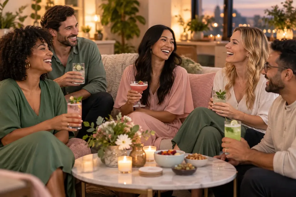 Five friends sit around a table with drinks, laughing and enjoying a cozy evening together.