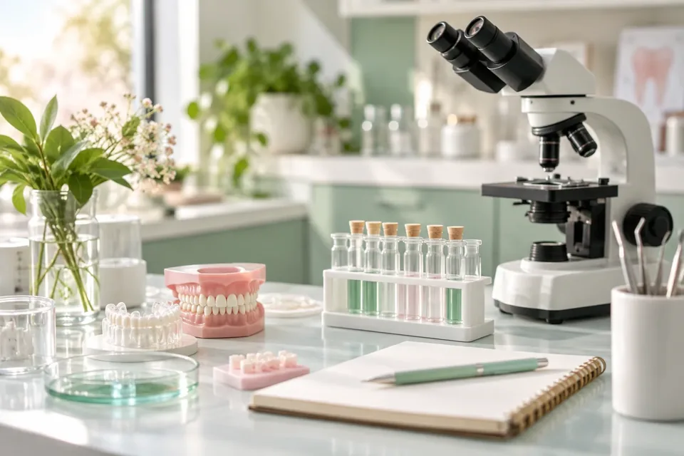 A tidy dental research lab bench with glass slides, a microscope and soft mint-colored lighting