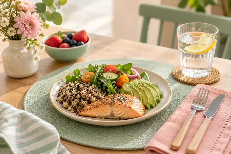 A plate with cooked salmon, quinoa, sliced avocado, and mixed salad next to a glass of lemon water.