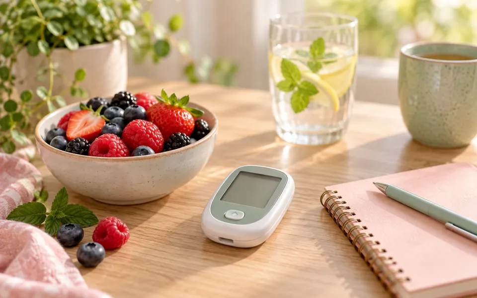 A glucose meter next to berries and a notebook, representing prediabetes research.