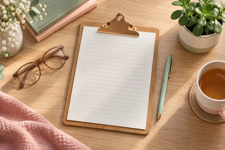 A clipboard with a blank printed form, a mint-green pen and a pair of reading glasses on a light wooden table.