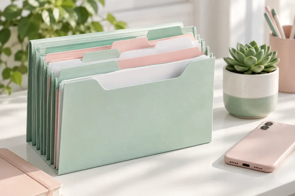 A neat accordion file folder with colored tabs on a desk next to a small succulent and a phone.