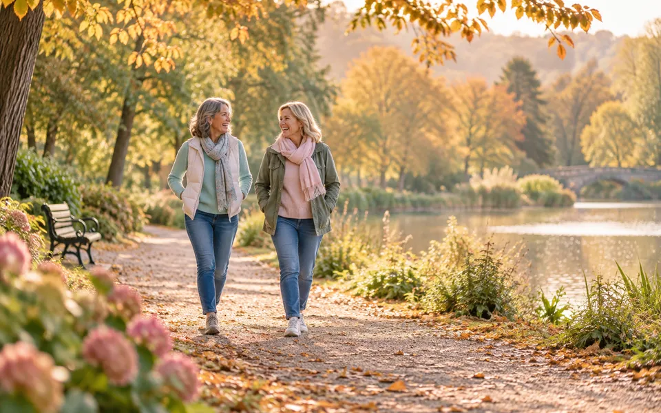 Two friends walking in a park, representing quality of life.