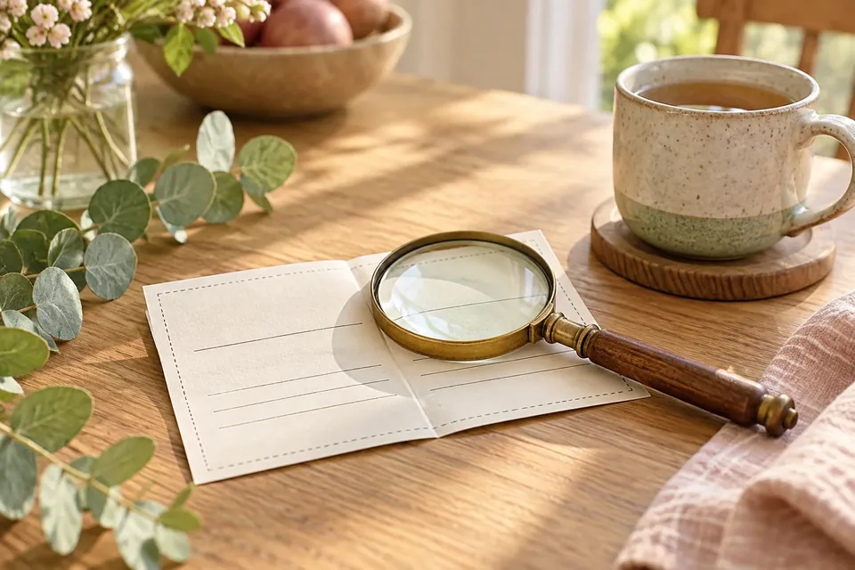A magnifying glass resting on a folded paper coupon on a sunny wooden kitchen table beside a mug of tea