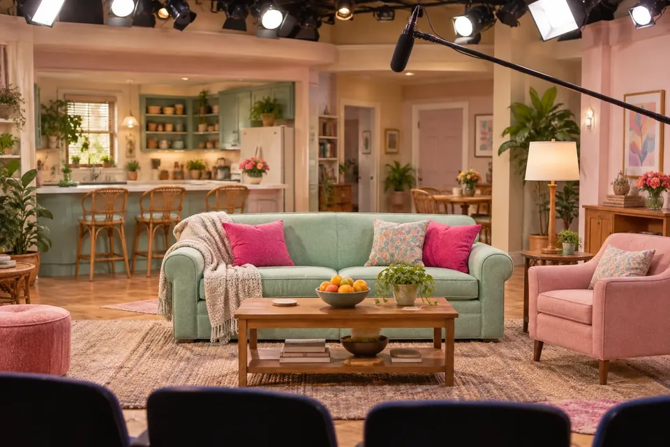 Illustration of a cozy retro sitcom living-room set with a bright couch, a lamp and studio lights, with no people