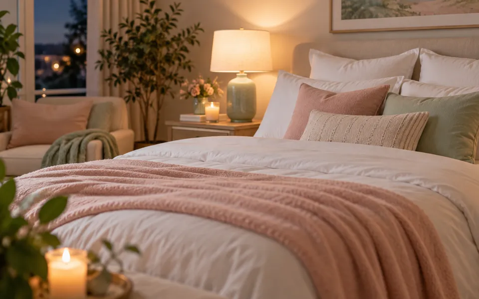 A cozy bed at night, representing sleep.