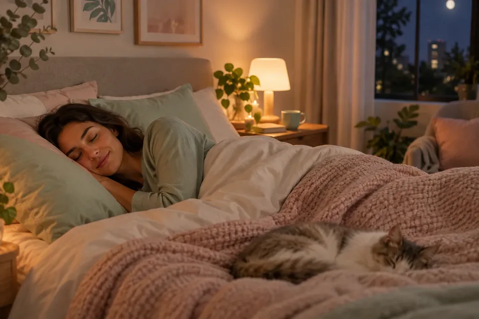 A woman peacefully sleeping in bed next to a curled-up cat on a cozy blanket.