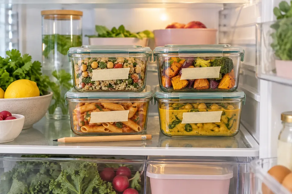 Neatly stacked glass meal-prep containers with colorful leftovers inside an open refrigerator