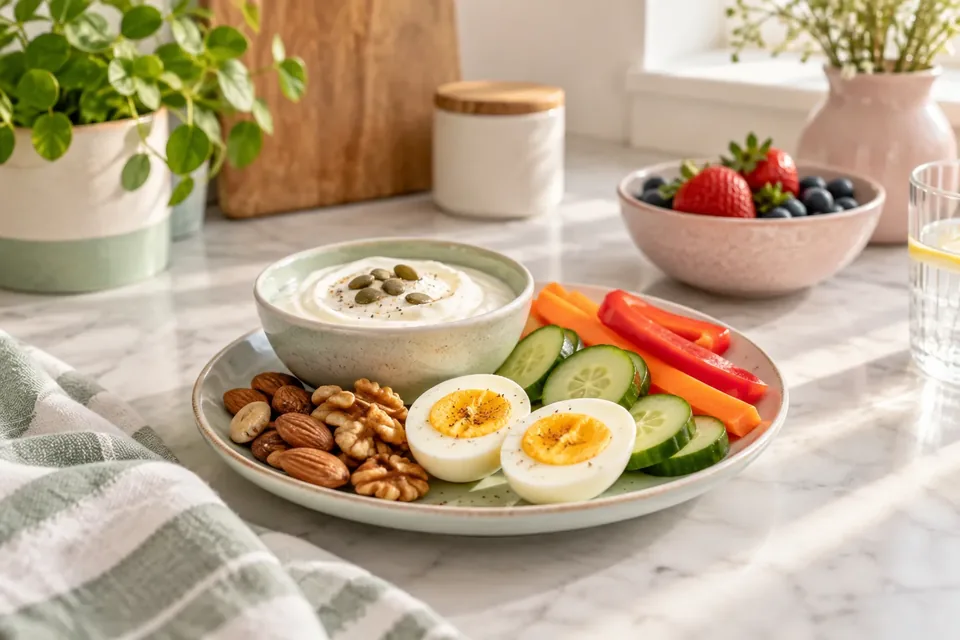 A plate with hard-boiled eggs, nuts, sliced cucumber, carrot sticks, red pepper, and a bowl of dip.