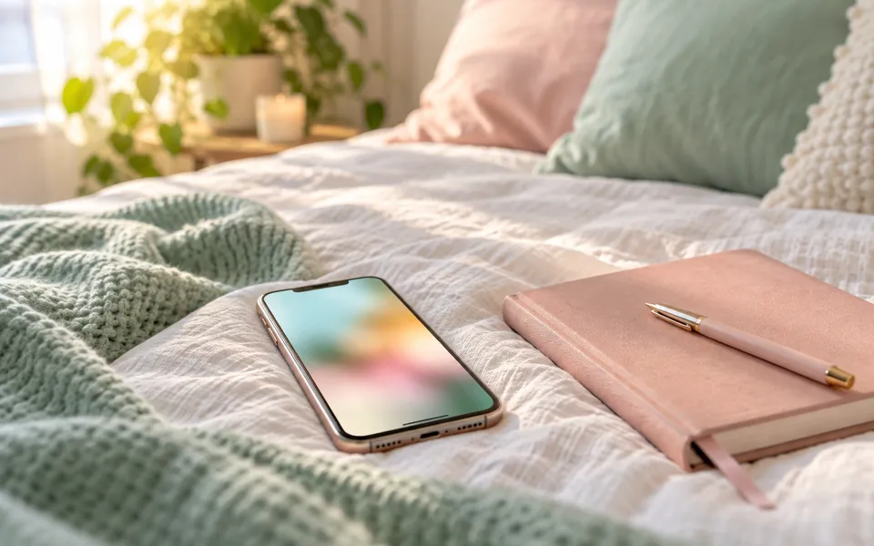 A phone on a bed beside a notebook, representing advice seen on social media.