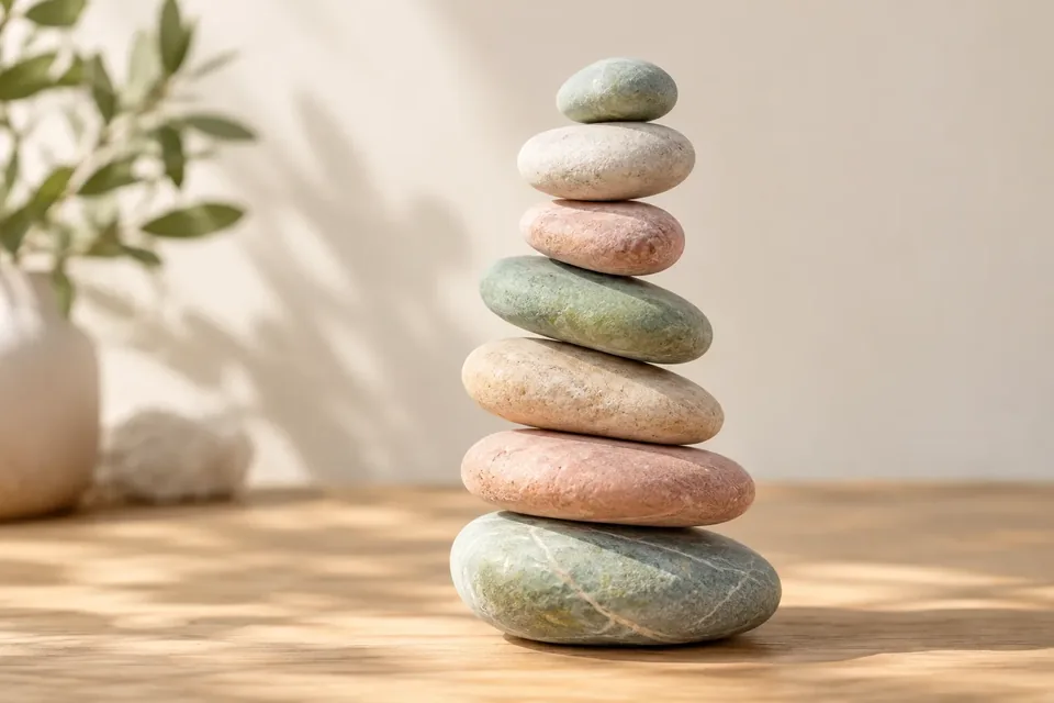 A wobbly stack of smooth pastel pebbles balanced on a wooden table.