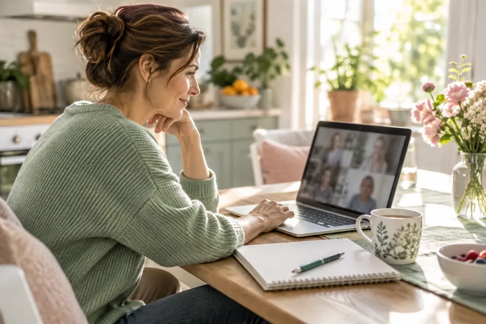A woman on a video call with a clinician from her kitchen table, a notebook and a mug of tea beside the laptop.