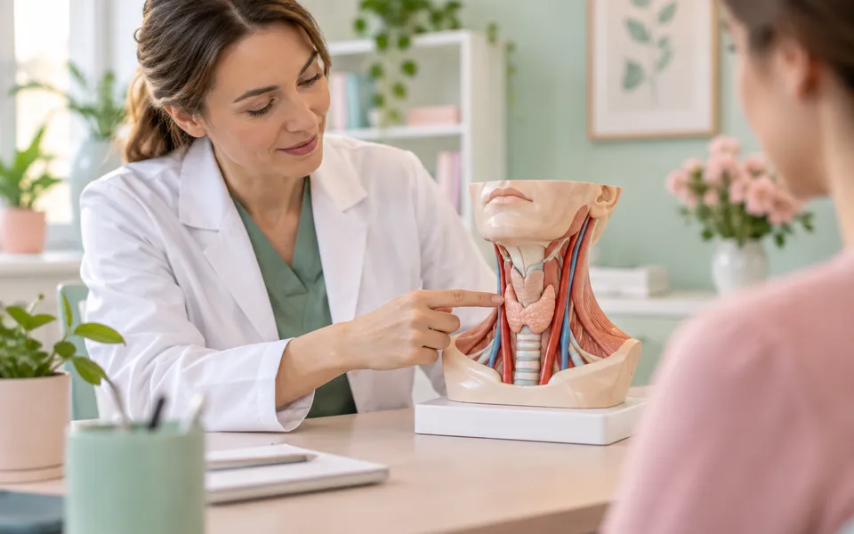 A clinician with an anatomy model, representing thyroid warning information.